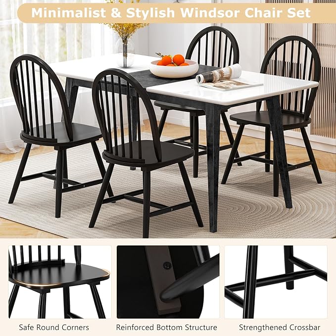 HAPPYGRILL 2 Pieces Wooden Dining Chairs Set, Vintage Armless Windsor Chairs, Kitchen Dining Chairs with Backrest, Black