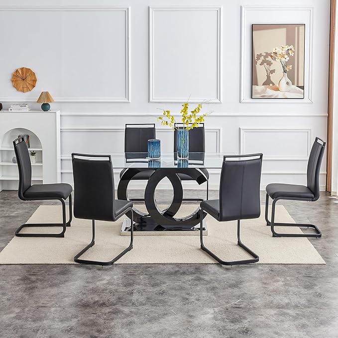 Ebullient 63" Glass Dining Table, Black OC Design Base Rectangular Glass Kitchen Table, Glass Top Dining Table for 4-6 Persons Table Furniture for Dining Room/Kitchen