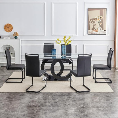 Ebullient 63" Glass Dining Table, Black OC Design Base Rectangular Glass Kitchen Table, Glass Top Dining Table for 4-6 Persons Table Furniture for Dining Room/Kitchen