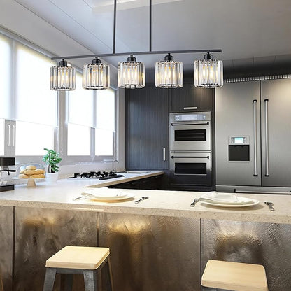Luxury Crystal Island Lights 5-Light Linear Pendant Kitchen Island Chandelier Lighting for Dining Room Light Fixture Matte Black Finish with Glass Shade 36" L