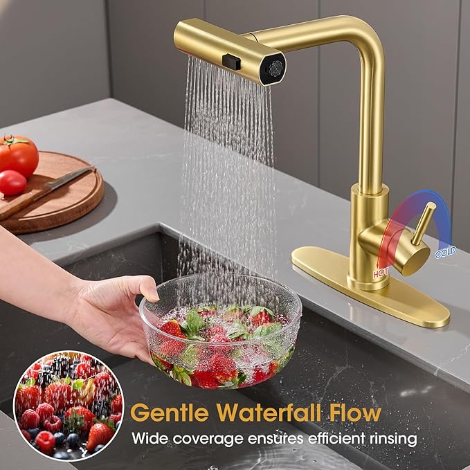 Waterfall Kitchen Faucet with Pull Down Sprayer, ARTIQUA Brushed Gold Single Handle Kitchen Sink Faucet with Deck Plate Fits 1 or 3 Hole, for Bar RV Laundry Farmhouse Outdoor and Camper