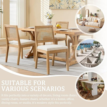 Modern Wooden Dining Chair Set of 4, Farmhouse Kitchen & Dining Room Chair with Solid Wood Legs, Rattan Upholstered Kitchen Chairs for Restaurant/Living Room (Beige, Set of 4)