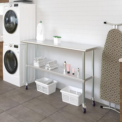 Stainless Steel Work Table with Wheels | NSF Kitchen Island Food Prep | Laundry Garage Utility Bench (Table + Wheels, 60" Long x 18" Deep)