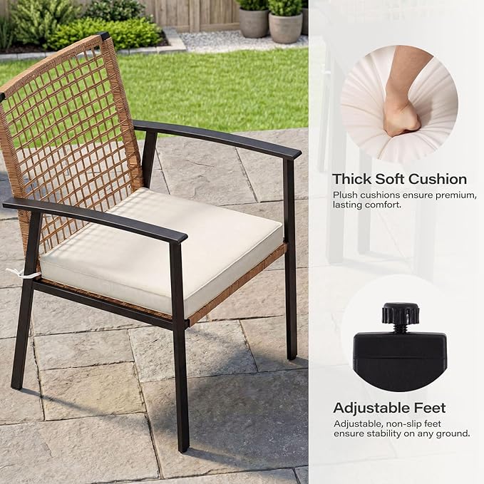 LAUSAINT HOME 5 Pieces Outdoor Patio Dining Set, Wicker Patio Furniture Set of 4 Chairs with Soft Cushion and Square Table with Umbrella Hole, Conversation Set for Backyard, Garden and Poolside
