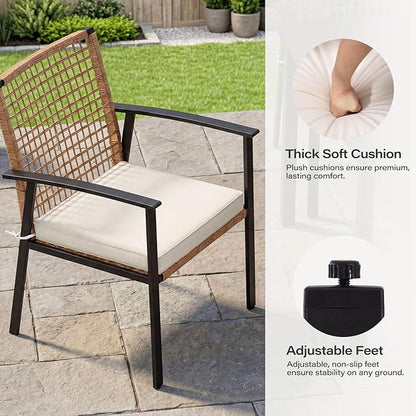 LAUSAINT HOME 5 Pieces Outdoor Patio Dining Set, Wicker Patio Furniture Set of 4 Chairs with Soft Cushion and Square Table with Umbrella Hole, Conversation Set for Backyard, Garden and Poolside
