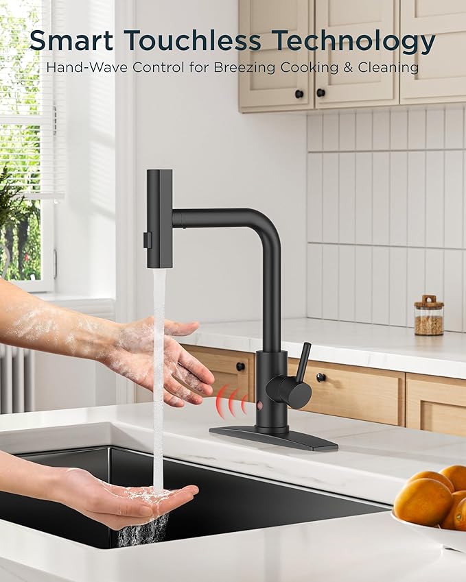 FORIOUS Touchless Waterfall Kitchen Faucets, Black Kitchen Sink Faucet with Pull Down Sprayer, Stainless Steel Modern Contemporary Kitchen Faucet Hands-Free for Laundry Bar Rv Farmhouse