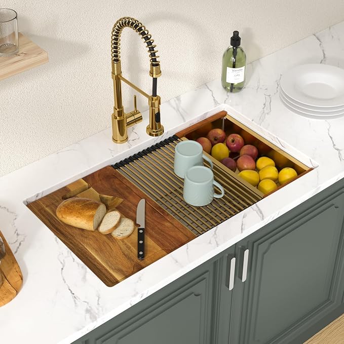 Lordear 33 Inch White Kitchen Sink Granite Composite Undermount Kitchen Sink Workstation 33x19 White Quartz Sinks Under Counter Single Bowl with Classic Gold Accessories