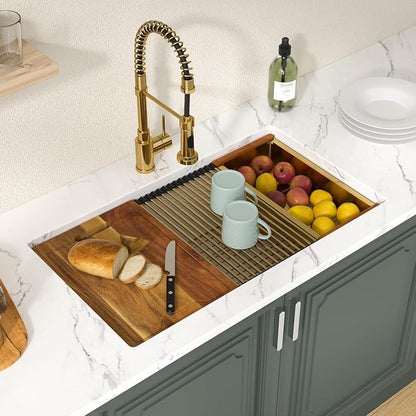 Lordear 33 Inch White Kitchen Sink Granite Composite Undermount Kitchen Sink Workstation 33x19 White Quartz Sinks Under Counter Single Bowl with Classic Gold Accessories