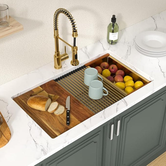 Lordear 32 Inch White Kitchen Sink Granite Composite Undermount Kitchen Sink Workstation 32x19 White Quartz Sinks Under Counter Single Bowl with Classic Gold Accessories