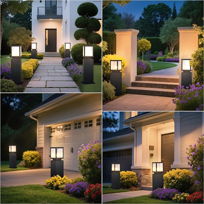 Outdoor Landscape Path Light Modern Black Waterproof Bollard Light Outside Housing Pathway Light Aluminum Walkway Lighting Hardwired E26 Sideway Post Pole Lighting Patio Porch Exterior Lawn Floor Lamp