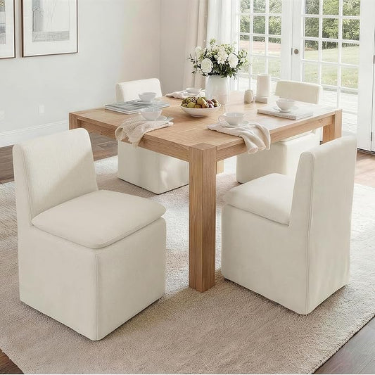 KISLOT Upholstered Dining Chairs Set of 4 with Casters, Modern Armless Kitchen Chairs with Removable Washable Cover, Chenille Velvet Fabric, Sturdy Metal & Wood Frame, 19.5" Seat Height, Linen