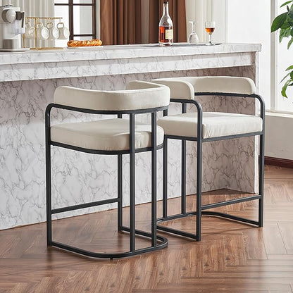 Modern Chenille Bar Stools Set of 2, Upholstered Counter Height Chairs with Metal e Armrests, Soft Chenille Fabric Bar Chairs for Kitchen Island, Dining Room, Home Bar,White PF966
