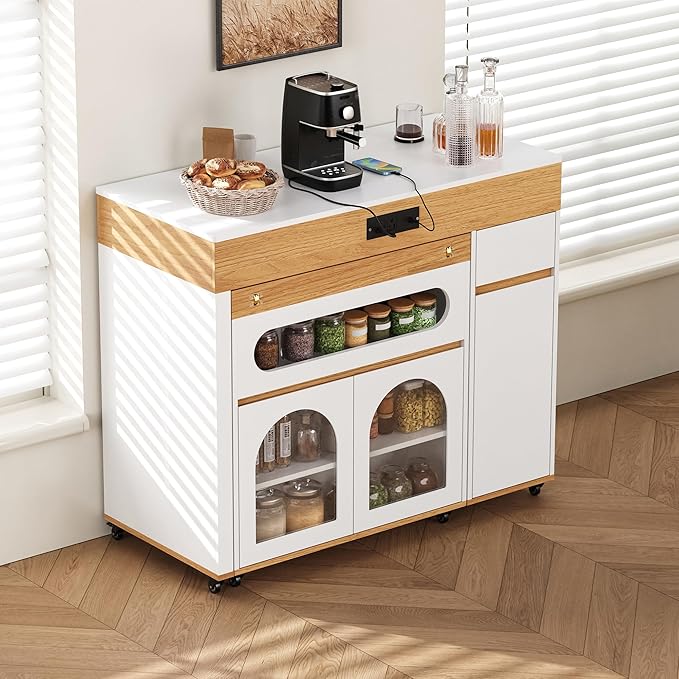 Extendable Kitchen Island on Wheels with Drawers, Power Outlet, Cabinet Storage, Walnut and Creamy White, 43.5 x 37.6 Inch (Creamy White,Natural)