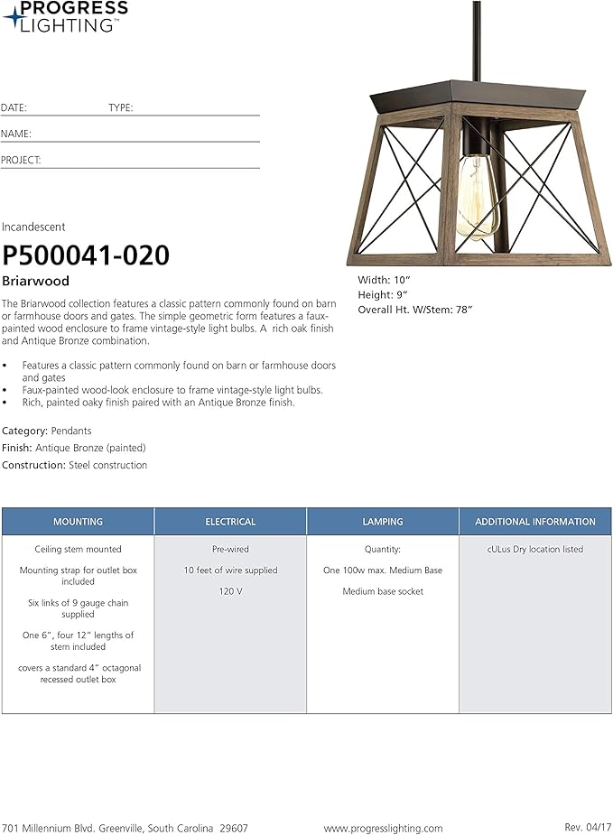 Briarwood Collection 1-Light Coastal Mini-Pendant Light Antique Bronze