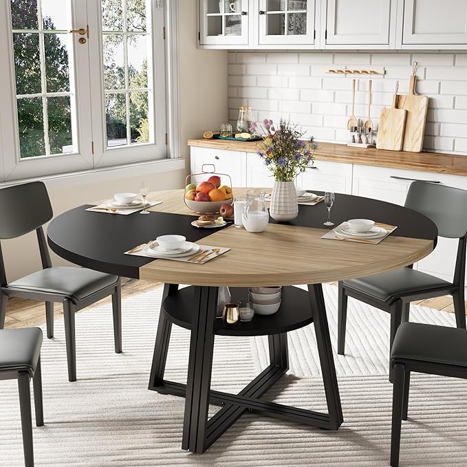 47 Inch Round Dining Table for 4-6, Modern Farmhouse Circle Kitchen Table with Storage Shelf, Metal Cross Base & Adjustable Feet for Dining Room, Apartment, Small Space, Black & Wood