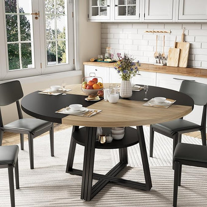 47 Inch Round Dining Table for 4-6, Modern Farmhouse Circle Kitchen Table with Storage Shelf, Metal Cross Base & Adjustable Feet for Dining Room, Apartment, Small Space, Black & Wood