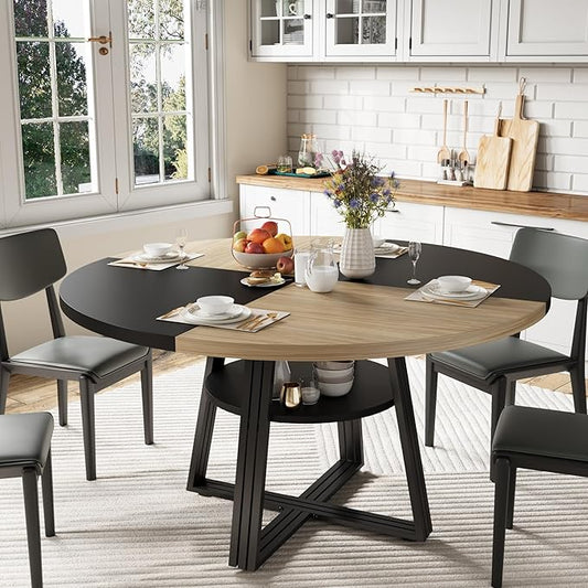 47 Inch Round Dining Table for 4-6, Modern Farmhouse Circle Kitchen Table with Storage Shelf, Metal Cross Base & Adjustable Feet for Dining Room, Apartment, Small Space, Black & Wood