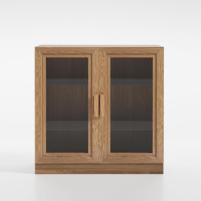Casaphoria Adam Sideboard Buffet Cabinet with Storage, Display Cabinet with Glass Doors & Adjustable Shelves, 31" W x 31" H Buffet Cabinet for Entryway Kitchen Living Room, Oak