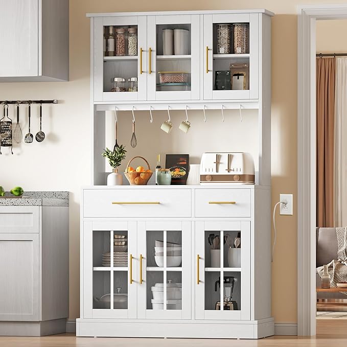DWVO Kitchen Pantry Storage Cabinet with Microwave Stand, 71'' Tall Kitchen Hutch Cabinets with Power Outlet, Modern Food Pantry Hutch with Drawers ＆ Shelves for Home, White Oak
