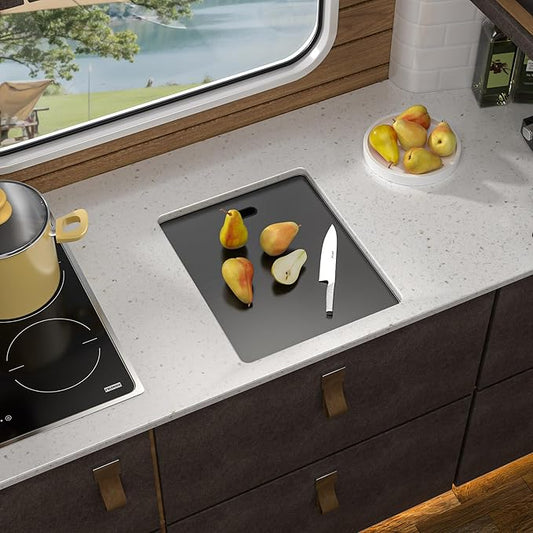 15 Inch Undermount RV Kitchen Sink Workstation - Fulorni 15"x17" Outdoor RV Mobile Camper Wet Bar Prep Sink Gunmetal Black NANO-PVD 16 Gauge 304 Stainless Steel Single Bowl Basin with Foldable Faucet