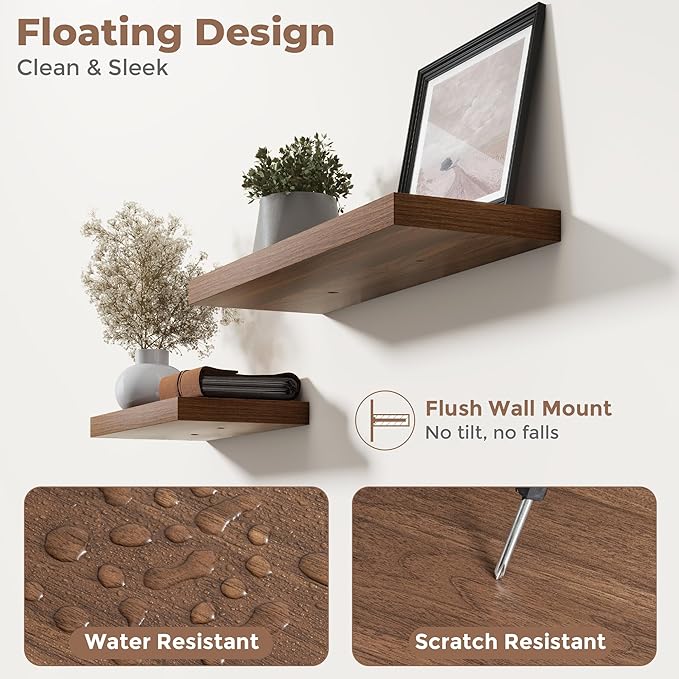 30 Inch Floating Shelves for Wall Set of 2, 8"D Wood Grain Bathroom Shelves with Invisible Brackets, Easy Install Engineered Wood Storage Shelves for Kitchen, Living Room, Bedroom, Walnut Finish