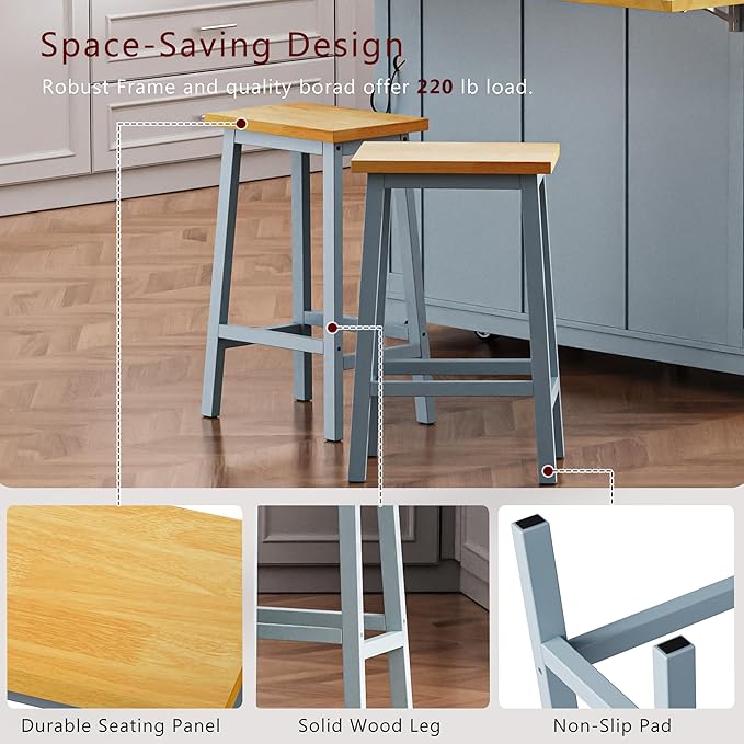 YOPTO 53" Large Kitchen Island Set with 2 Bar Stools, Power Outlet & Storage, Drop Leaf, 3 Drawers & 5 Open Racks, Grey Blue