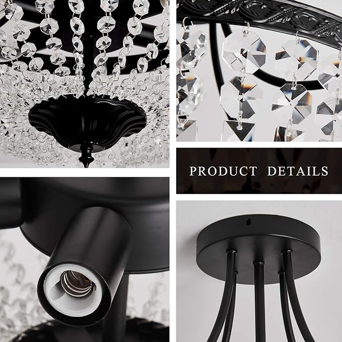 YYJLX 5-Light E12 Round Crystal Ceiling Light Fixture Modern Semi Flush Mount Chandelier Ceiling Lamp for Living Room Dining Room Entryway Hallway Foyer Bedroom Laundry Bathroom（Black）