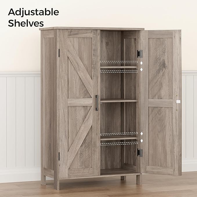 Homleke Farmhouse Bathroom Cabinet with Adjustable Shelves, Free-Standing Storage Cabinet with Barn Doors, for Kitchen, Living Room, Dining Room, Entryway, Greige