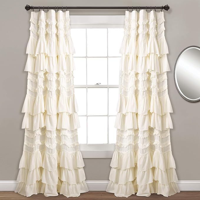 Lush Decor Kemmy Light Filtering Window Curtain Panel Single 52" W x 95" L Ivory - Drapes - Ruffled Curtains for Bedroom - Cream Curtains - Coquette Decor