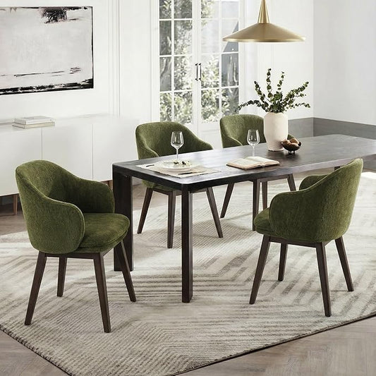 KISLOT Wooden Dining Chairs Set of 4, Fabric Upholstered Modern Dining Room Chairs with Barrel Backrest & Double-Layer Thick Cushion for Living Room, Restaurant, Kitchen and Café, Green, 2 Boxs