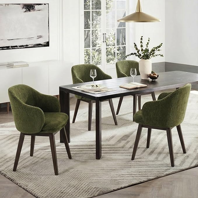 KISLOT Wooden Dining Chairs Set of 2, Fabric Upholstered Modern Dining Room Chairs with Barrel Backrest & Double-Layer Thick Cushion for Living Room, Restaurant, Kitchen and Café, Green