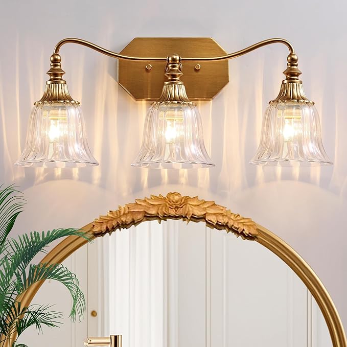 LmnLvn Gold Bathroom Vanity Light Fixture, 3 Lights Bathroom Lighting Matte Antique Brass Finish with Crystal Glass Shade, Gold Vintage Vanity Light for Bathrooms