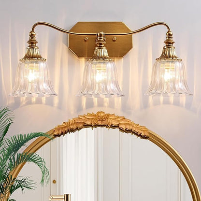 LmnLvn Gold Bathroom Vanity Light Fixture, 3 Lights Bathroom Lighting Matte Antique Brass Finish with Crystal Glass Shade, Gold Vintage Vanity Light for Bathrooms