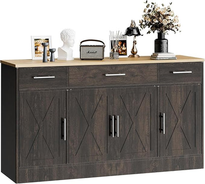 SUNLEI Kitchen Buffet Sideboard Cabinet, Farmhouse Storage Cabinet with 4 Doors and 3 Drawers, Wooden Base Cabinet with Adjustable Shelf for Living Room, Brown
