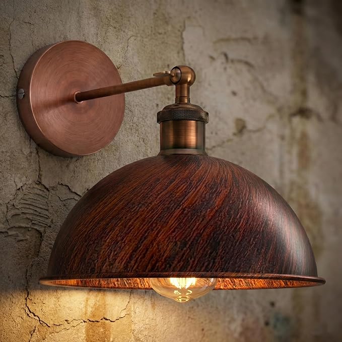 Dome Metal Wall Sconce, 180° Adjustable Industrial Wall Lamp for Bedside, Study, Kitchen, and Living Room Décor. (Rustic Red_)