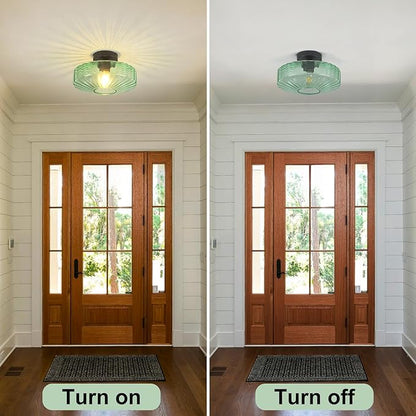 Semi Flush Mount Ceiling Light, 11.8" Vintage Green Glass Ceiling Lights, 1-Light Mid Century Modern Drum Close to Ceiling Light Fixtures for Bedroom Kitchen Entryway Hallway Porch Foyer