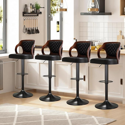 VECELO Swivel Bar Stools Set of 4,Counter Height Stools with Bentwood Back,Armrest&Footrest,Adjustable PU Leather Bar Chairs for Kitchen Island,Coffee Shop and Salon,Black,Quilted Elegance