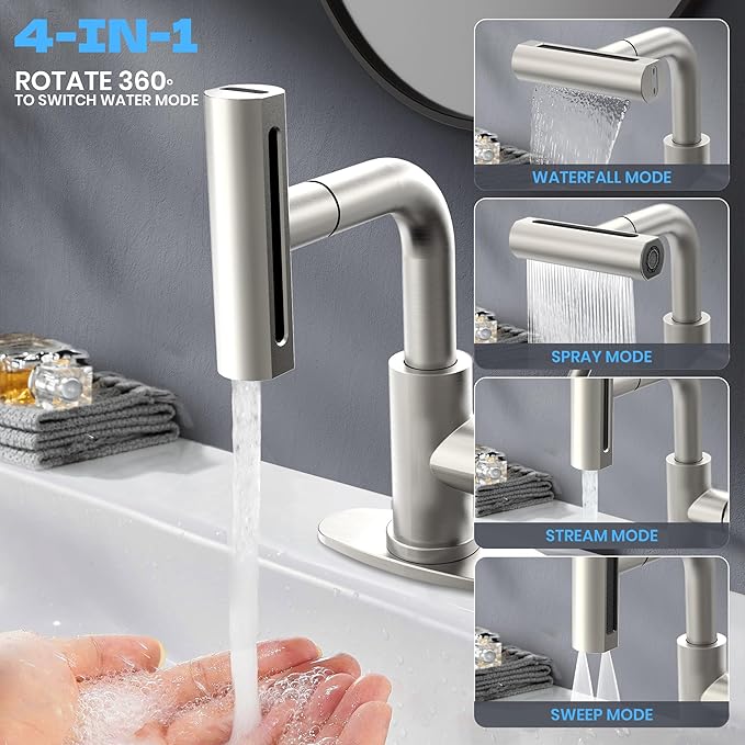 Brushed Nickel Bathroom Faucet with Sprayer - Brushed Nickel Bathroom Faucets for Sink 1 Hole or 3 Holes, 4 Mode Single Handle Vanity Faucet Waterfall Bathroom Faucet with Pull Down Sprayer (No Drain)