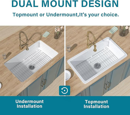 Undermount Kitchen Sink White 32 x 19 Inch, Fireclay Topmount Sink Drop In Single Bowl, with Custom Accessory 2 Types, Dual Mount, for Kitchen, Pure White