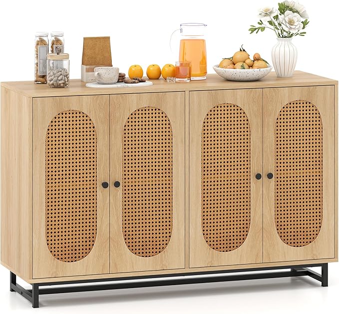 Giantex Rattan Sideboard Buffet Cabinet, 50" Large Boho Buffet Table with 4 Doors, Adjustable Shelves & Metal Legs, Farmhouse Accent Storage Cabinet for Kitchen, Living Room, Entryway, Coffee Bar