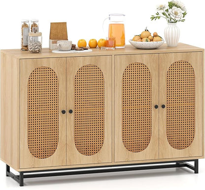 Giantex Rattan Sideboard Buffet Cabinet, 50" Large Boho Buffet Table with 4 Doors, Adjustable Shelves & Metal Legs, Farmhouse Accent Storage Cabinet for Kitchen, Living Room, Entryway, Coffee Bar