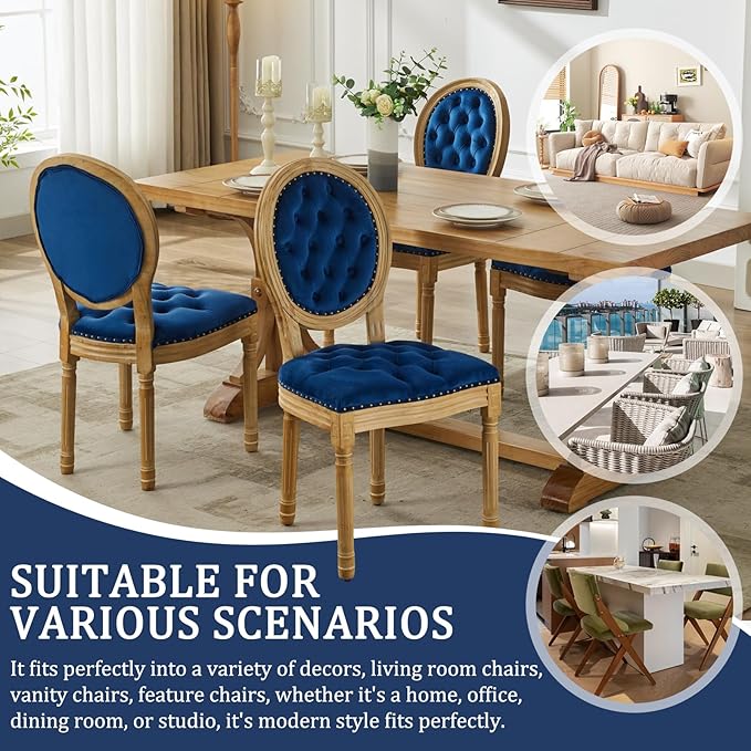 Velvet Dining Chairs Set of 2, Vintage Wooden Dining Chair with Solid Wood Legs, Upholstered Farmhouse Kitchen Chair for Living Room, Restaurant, Bedroom (Blue, Set of 2)