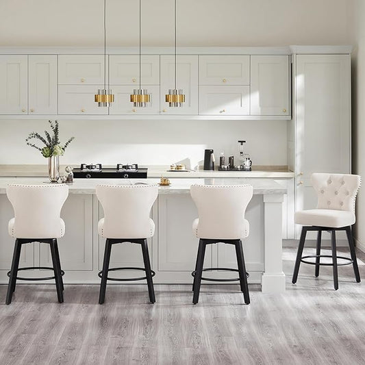 KISLOT Counter Height Barstools 26 inch Upholstered Button Tufted Swivel Bar Stools with Back for Kitchen Island,Set of 4,Beige Fabric