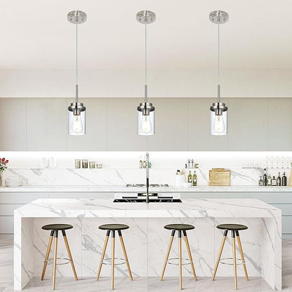 MELUCEE 3 Pack Hanging Pendant Lighting Fixtures Brushed Nickel, Adjustable Hanging Ceiling Lamp with Clear Glass Shade, Modern Pendant Light for Kitchen Island Dining Room Hallway