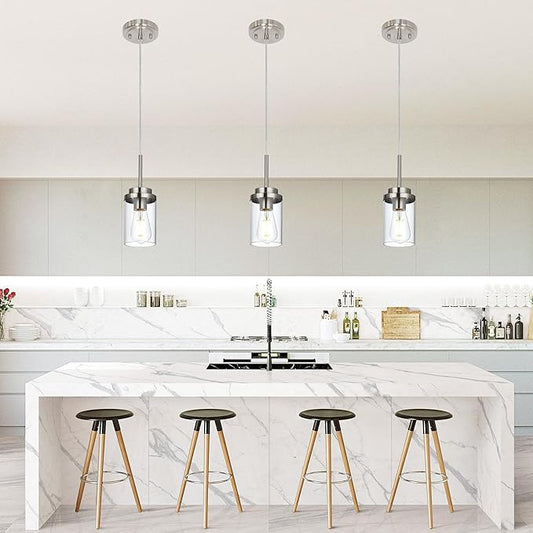 MELUCEE 3 Pack Hanging Pendant Lighting Fixtures Brushed Nickel, Adjustable Hanging Ceiling Lamp with Clear Glass Shade, Modern Pendant Light for Kitchen Island Dining Room Hallway
