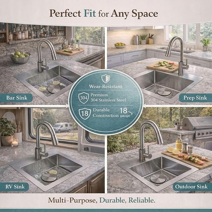 15 Inch Bar Sink Drop In - Delironexu 18 Gauge Stainless Steel Small Kitchen Sink, 15"x15" Single Bowl Square Wet Bar with Brushed Finish for Outdoor, RV, and Prep Use