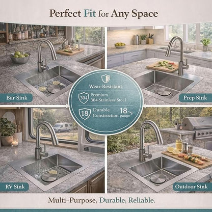 15 Inch Bar Sink Drop In - Delironexu 18 Gauge Stainless Steel Small Kitchen Sink, 15"x15" Single Bowl Square Wet Bar with Brushed Finish for Outdoor, RV, and Prep Use