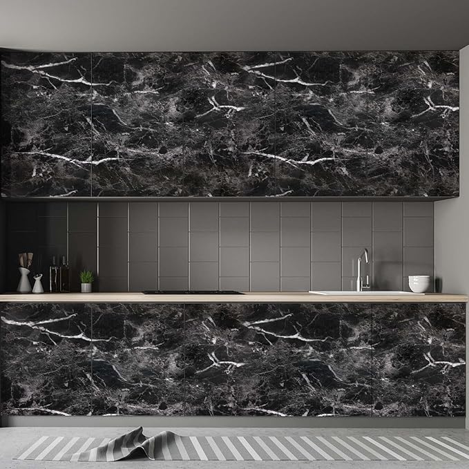 Abyssaly Black Marble Paper 24" x 118" Granite Wallpaper Peel and Stick Countertop Paper Self Adhesive Thickening for Kitchen Bathroom and Furniture