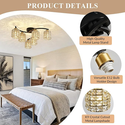 6-Light Ceiling Light Fixtures,Crystal Semi-Flush Fixture,Black & Gold Farmhouse Ceiling Light, Luxury Flush Mount Lighting for Dining Room, Living Room, Kitchen Island