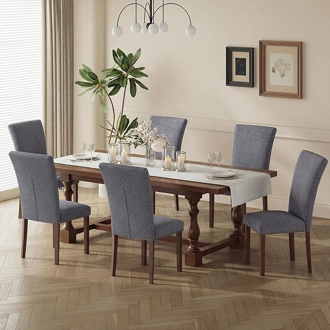 COLAMY Upholstered Parsons Dining Chairs Set of 6, Fabric Dining Room Kitchen Side Chair with Nailhead Trim and Wood Legs - Dark Grey